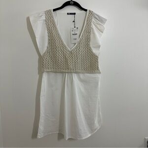 ZARA Womens Medium White Beige Open Crochet Faux Vest Tunic Top Dress Size M